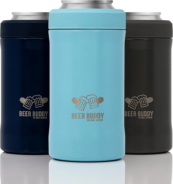 Grill Rescue Insulated Drink Buddy Can Holder Vacuum-Sealed Stainless Steel for 12oz regular or slim cans & bottles - Double Walled Beverage Insulator for Hard Seltzer and More (Matte Turquoise)
