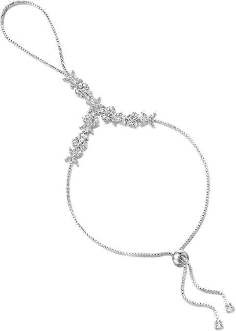 Cubic Zirconia Statement Ring Bracelet for Women,Adjustable Bohemian Slave Bracelet Hand Chain Ring Jewelry for Women