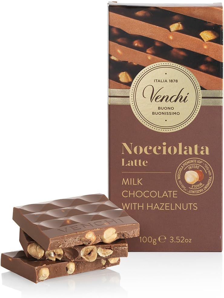 Venchi Milk Chocolate Hazelnut Bar 100g- with Whole Piedmont Hazelnuts - Gluten Free