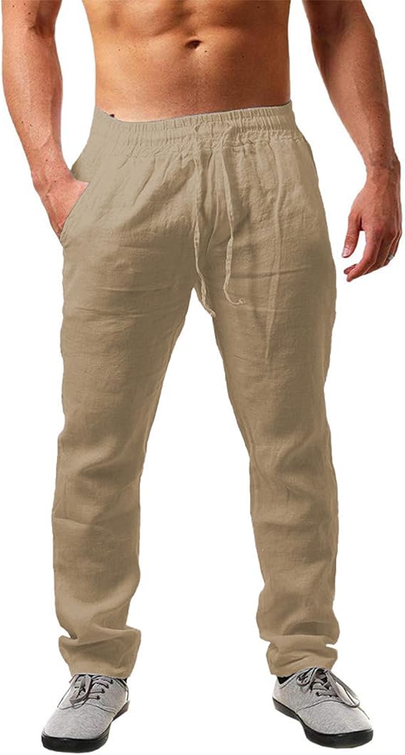 Wangdo Men's Linen Pants Summer Yoga Beach Baggy Trousers Loose Fit Straight-Legs Elastic Drawstring Waist Casual Pants
