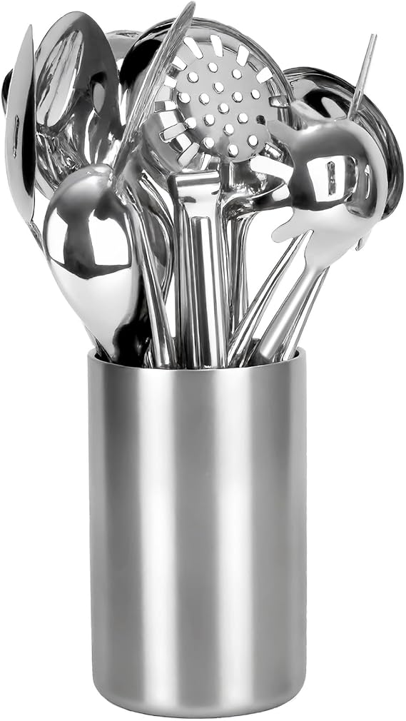 304 Stainless Steel Cooking Utensils Set for Kitchen Utensils Set with Holder, 12 PCS Large Metal Cooking Utensil Tools Set with Holder,Fork,Spatulas,Spoons,Skimmer,Ladle,Tong