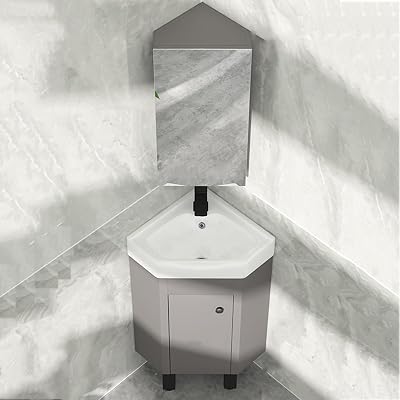 Corner Bathroom Vanity Sink Combo with Mirror Cabinet Space Saving Floor Mounted Design for Small Bathrooms 34CM13.38IN Stylish and Functional Storage Solution