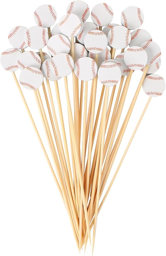 CABAX 4.72 Inch Baseball Style Cocktail Picks for Appetizers, Long Bamboo Decorative Toothpicks Skewers for Holiday Birthday Party Decorations, 30 Pcs
