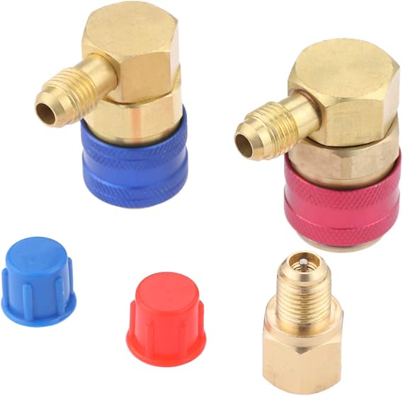 R12 to R134A Conversion Quick Connect Coupler Kit, High/Low Side 90 Degree Angle Quick Coupler Manifold Gauge Set with R134A 1/2" Female x 1/4" SAE Male Tank Adapter