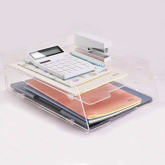 2 Tier Acrylic Stackable Paper Tray, Clear A4 Paper Letter Tray Organizer & Paper Shelf Organizer, Transparent Office Inbox Tray File Desk Tray