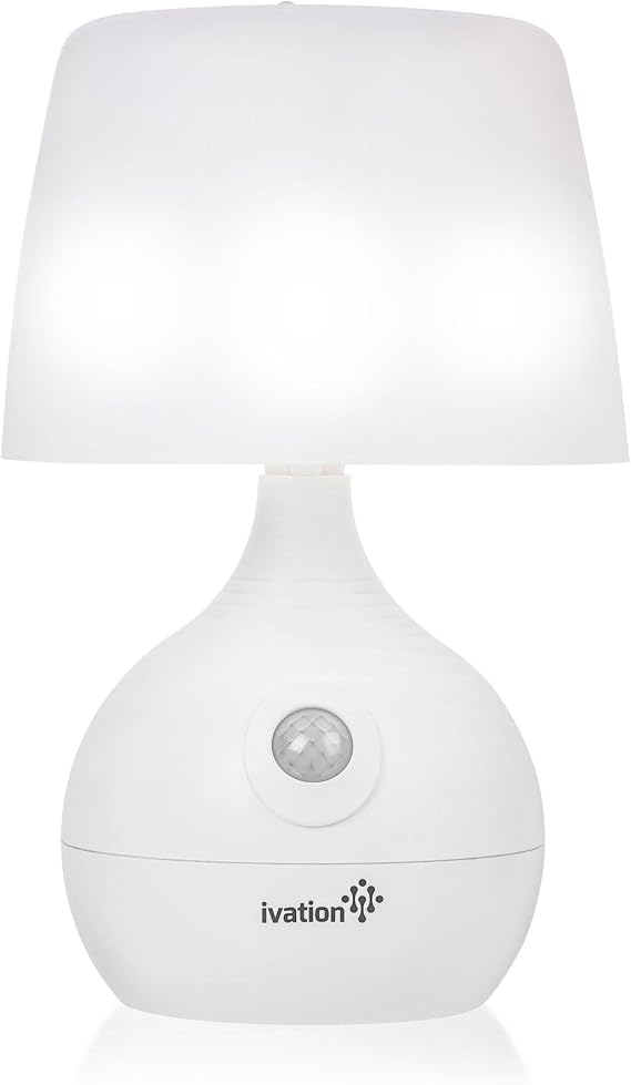 Ivation 12-LED Battery Operated Motion Sensing Table Lamp - Dual Color Range - Available Settings Include Manual & Automatic Motion & Light Sensing, White | Great for camping, bedrooms, bathrooms, or power outages - hangs from its built-in top hook for hands-free use anywhere