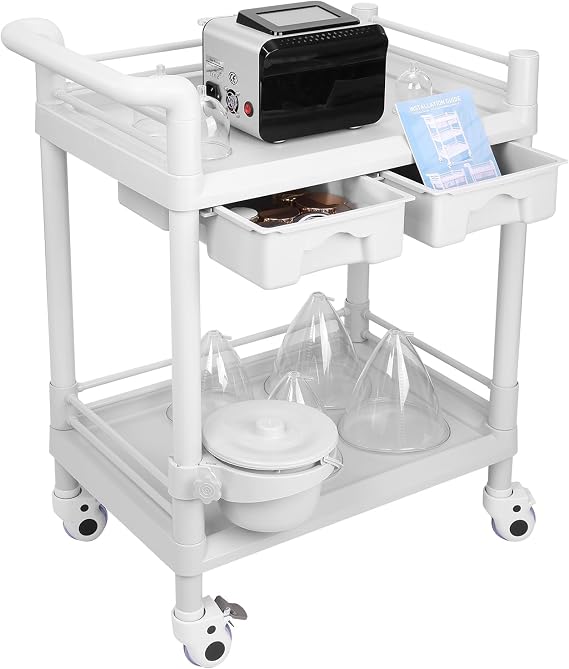 Beauty Trolley Cart with Wheels, Esthetician Cart with Handrail, Bucket and 2 Big Drawer, 2 Tier Heavy Duty Vacuum Therapy Machine Trolley, Load 330lbs, 360 Rotate Silent Wheels