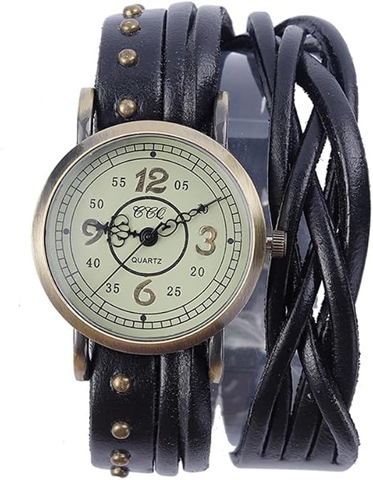 MINILUJIA Genuine Leather Braided Strap Double Wrap Aound Watch for Women Vintage Bohemian Style Bronze Small 26mm Roman Number Dial Adjustable Wrap WatchBrown