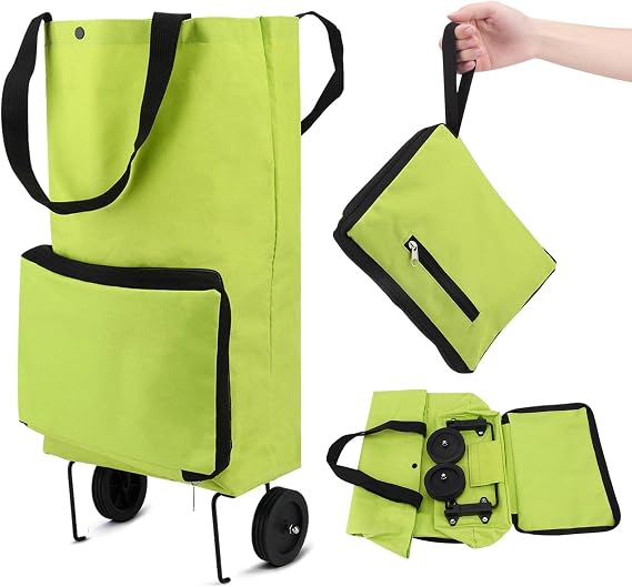 Collapsible Shopping Trolley, Folding Bag with Rubber Wheels Foldable Cart Oxford Cloth Bags Reusable for Supermarket,Capacity (Green(with Wheels))