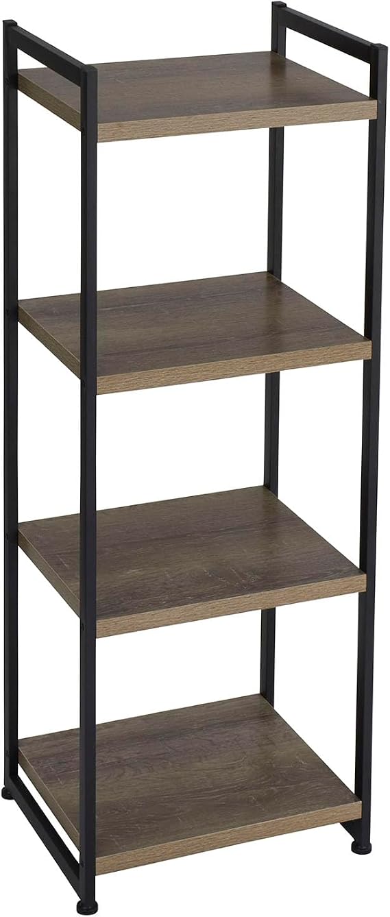Household Essentials Narrow 4Shelf Open Storage Bookshelf in Oak Rustic Wood Grain and White Metal Frame, Ashwood