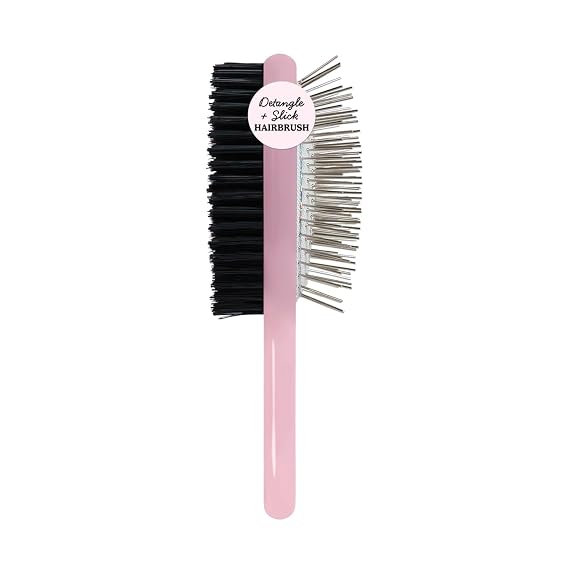 Mane Double Take Dual-Sided Hair Brush - Two-in-One Travel Size Boar Bristle Hair Brush for Smooth Slick Backs & Metal Pin Side for Detangling - For Ponytails, Buns & Touch-Ups On the Go