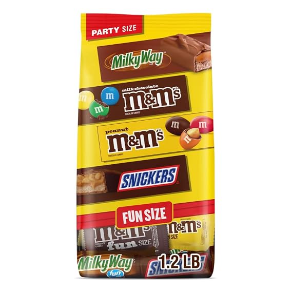 M&M'S Milk Chocolate, M&M'S Peanut Milk Chocolate, SNICKERS & MILKY WAY Fun Size Individually Wrapped Chocolate Summer Candy Bars, Party Size, 19.2 Oz Bulk Bag