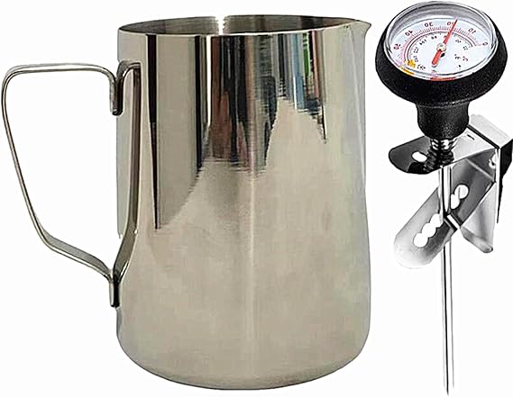 UZER Milk Frothing Pitcher with Thermometer, 21oz Stainless Steel Milk Frother Cup, Coffee Barista Steaming Jug (600ml with Thermometer Pen)