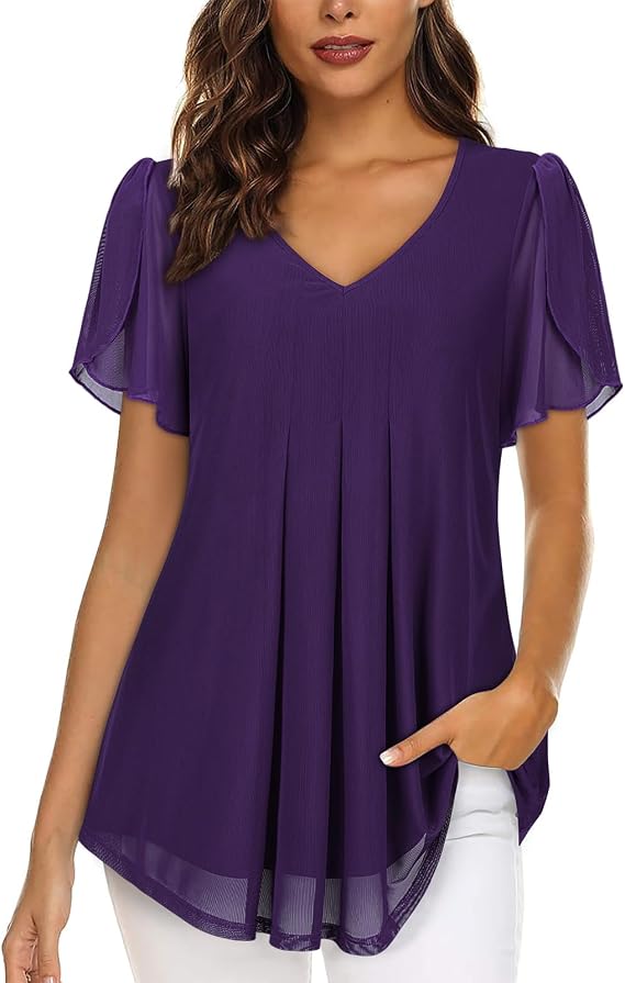 Womens Blouses V Neck Ladies Tops Petal Short Sleeve Chiffon Top | Double Layers Mesh Tunic Tops Casual Shirts