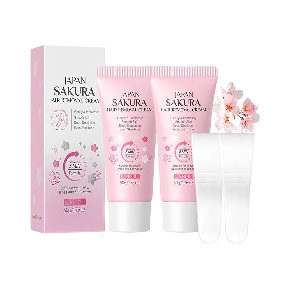 Body Hair Removal Cream - 2 Pack JAPAN SAKURA Painless Depilatory Cream For Bikini Line, Body, Legs, Arms, Underarms Hair Removal Butter for Women with Spatula, For All Skin Types