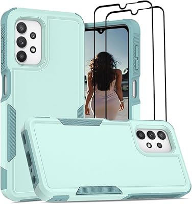for Samsung A32 5G Case with 2PCS Tempered Glass Screen Protector, Military Grade Drop Protection Shockproof Phone Case, Matte Hard Back Soft Bumper Anti Scratch Cover for Galaxy A32 5G, Turquoise