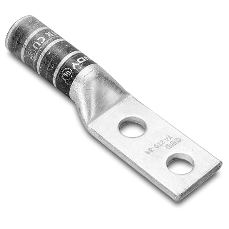 Burndy YA282TC38 Two Hole Hylug Code Conductor Long Barrel Copper Compression Terminal, 4/0 AWG Conductor, 3/8" Stud Hole Size, 1" Stud Hole Spacing, 1.02" Tongue Width, 3.99" Length, Purple