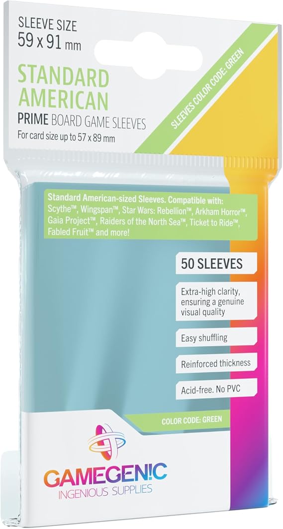 Prime Board Game Sleeves | Pack of 50 Extra-Clear Sleeves | 59 by 91 mm Card Sleeves Optimized for Standard American Card Games | Premium Card Protection | FFG Green Color Code | Made by Gamegenic