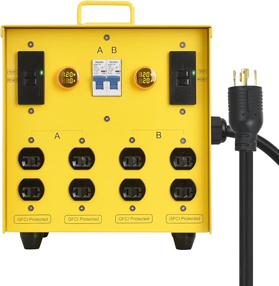 30-Amp Portable Power Center, Split 240VAC Input into 2 Separate 120VAC Output, A&B Zone Independent Control with 2 Mini Voltmeter and Ammeter