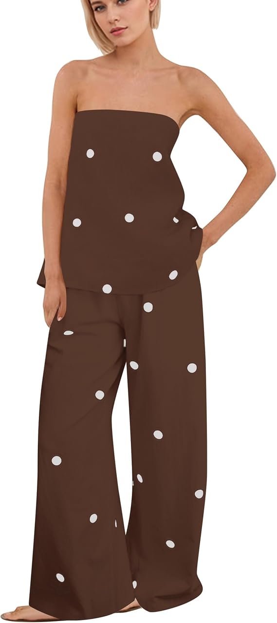 Women Polka Dot 2 Piece Outfits Spot Strapless Tube Top High Waist Wide Leg Pants Lounge Set Summer Tracksuit