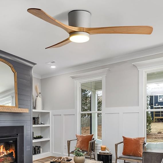 48in Quiet Ceiling Fan with Light Indoor Remote Ceiling Fan Light 6 Gear Wind Speed Fan Lights White LED Ceiling Lights Fan Lighting Wooden Blades for Living Room Dining Room Bedroom [Energy Class B]