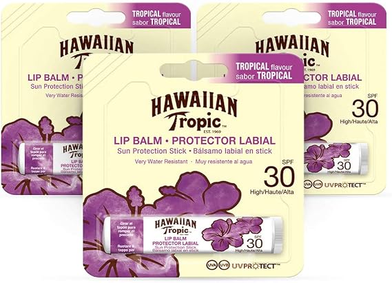 Hawaiian Tropic Lip Balm Pack of 3 Sunscreen Lip Balm SPF 30, Tropical Flavor, 4 g