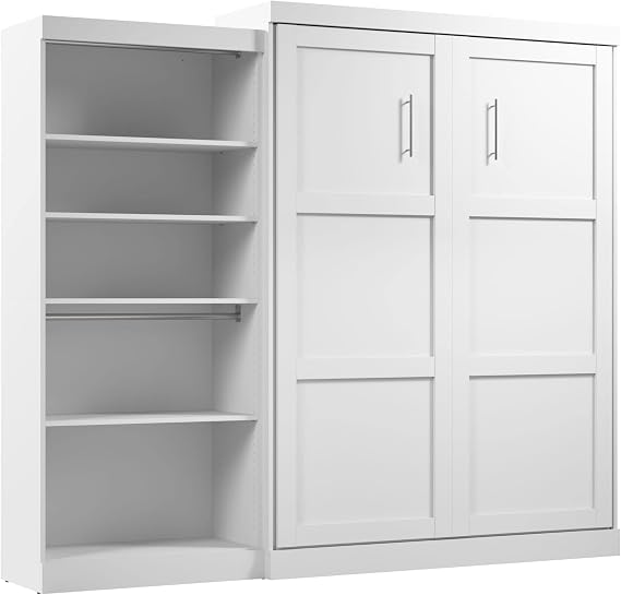 Bestar Pur Queen Murphy Bed with Closet Organizer, White 101-inch Space-Saving Wall Bed for Multipurpose Room with Closet Cabinet
