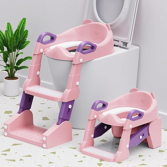 Potty Training Seat, 3-in-1 Toddler Toilet Seat with Step Stool Ladder, Splash Guard Anti-Slip Pad, Foldable Potty Chair with Soft Cushion for Toddler Kids Boys Girls
