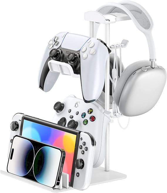 KDD Headphone Stand, Gaming Controller Holder & Headset Holder for Desk, Earphone Stand with Aluminum Support Bar, Universal Storage Organizer for Headphones, Controllers, Switches, iPads, Cell Phones
