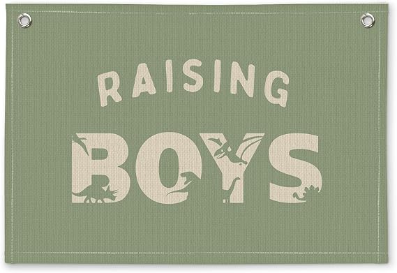 Sage Green Raising Boys Dinosaur Nursery Room Decor - Linen Banner Wall Hanging Canvas Banner Flag Decor for Kids Toddler Boys Bedroom Nursery Playroom