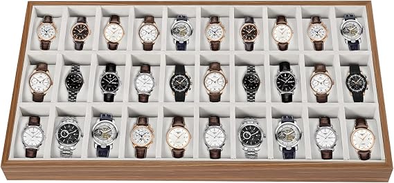 LOYALHEARTDY 30 Grid Watch Jewelry Tray Organizer Wooden Box Organizer Display Tray Watch Bracelet Display Holder with Removable Pillow for Men & Women Storage and Display