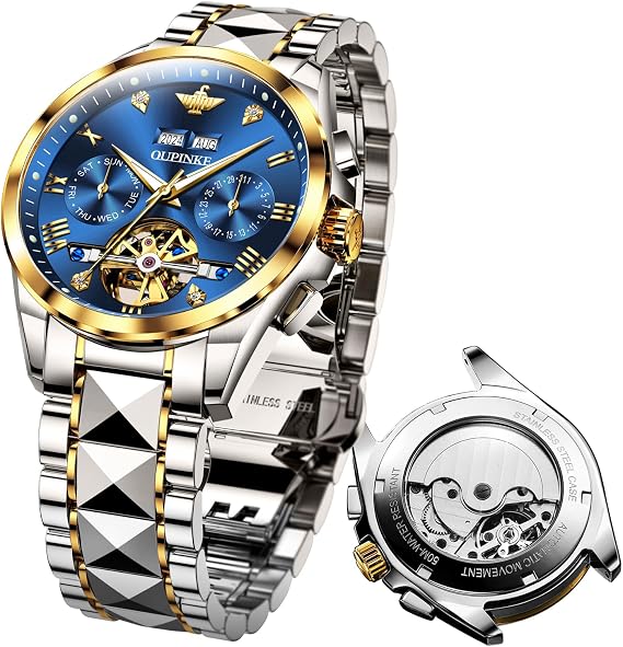 OLEVS Automatic Men's Watch Tourbillon Diamond Calendar Self Winding Luxury Mechanical Wrist Watch for Men Two Tone Tungsten Strap Business Dress Male Watch Luminous Waterproof (White Blue Gold Green)