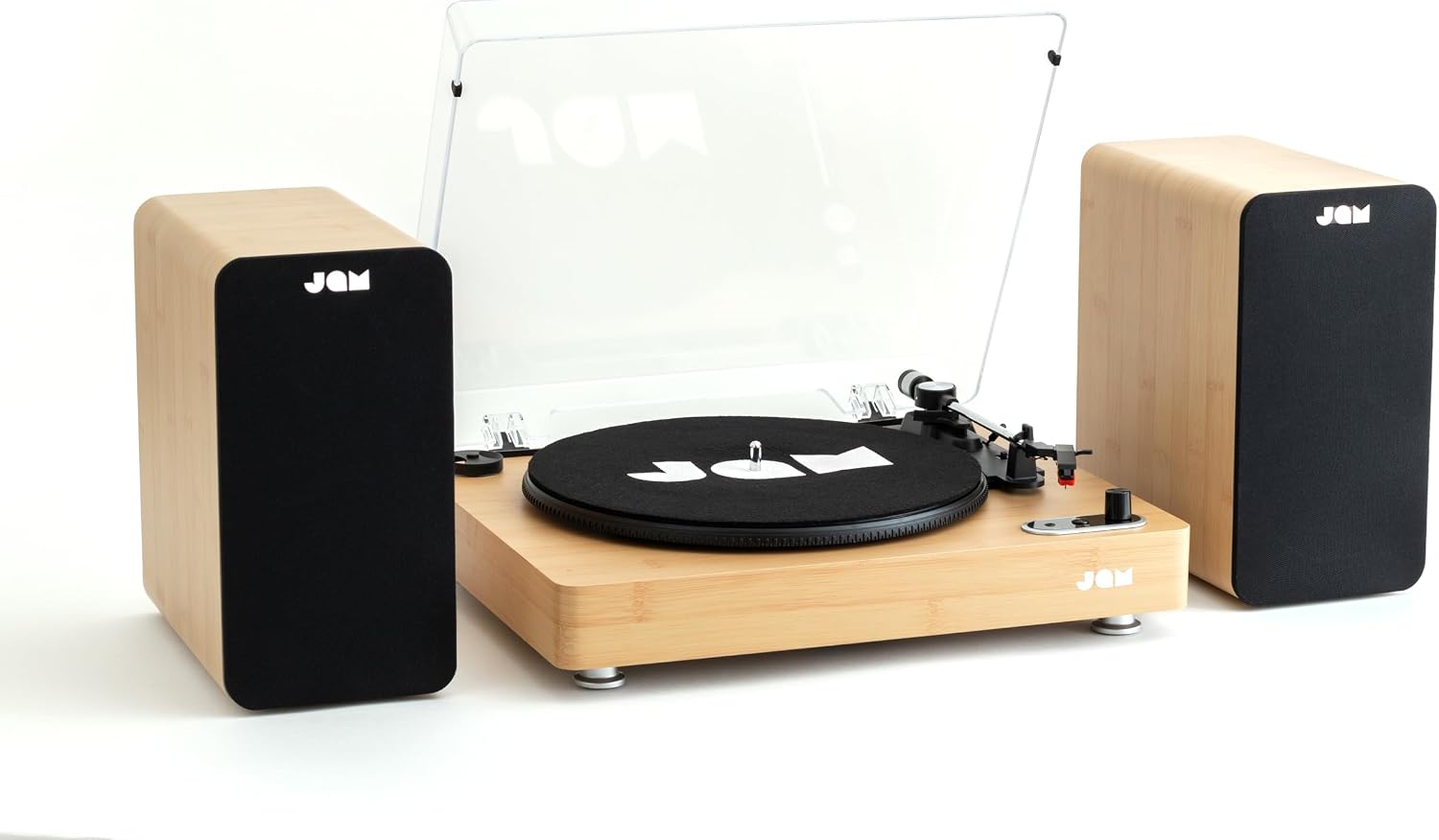 JAM Sound Stream Turntable, Portable Wireless Vinyl Record Player, Aux-In, 3 Speed RPM, Woodgrain  Bluetooth Bookshelf Speakers - Compact, 4" Driver, High Definition Amplifiers, Richer Bass Wood
