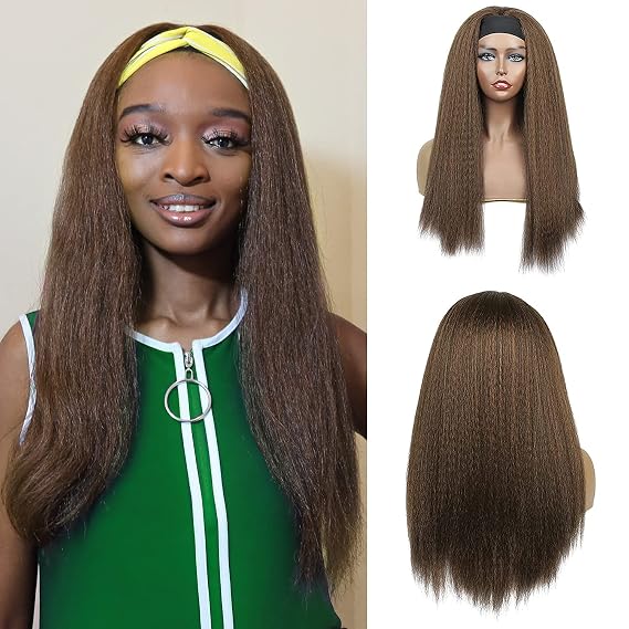 Yebo Headband Wigs for Women Kinky Straight 24 Inch Long Straight Wig with Black Headband High Temperature Heat Resistant Synthetic Hair Silky Straight Hair Wigs(24 Inch, T1B/30)