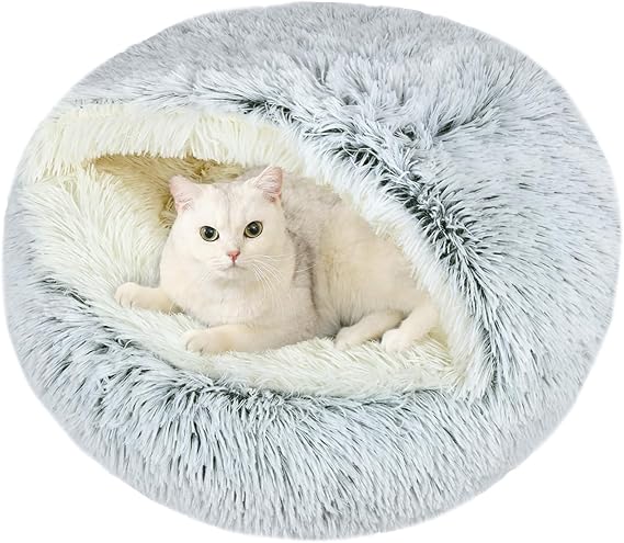 Round Cat Bed Washable, Calming Fluffy Cat Cave, 20 Inch, Grey