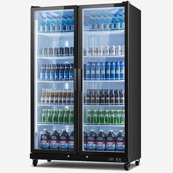 Yeego Commercial Display Beverage Refrigerator - 37.79 Cu.ft Display Refrigerator with 2 LED Light and 10 Adjustable Shelves, 32-50F Beverage Cooler with Glass Door for Restaurant Cafe Bar Store