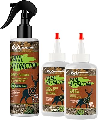 Zone Realtree Fatal Attraction Big Buck Bundle Deer Sugar Vanillin Cover Scent Peak Doe Estrus & Great Scrape Complete Deer Attractant System for Rut & Whitetail Hunting