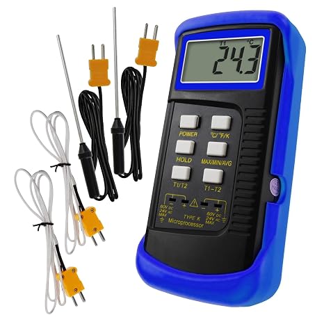 Thermocouple Thermometer Digital K Type Dual Channel Thermometer HVAC Temperature Meter with 4 Thermocouples, MAX/MIN/AVG Temperature Measurement,50~1300C (-58~2372F)