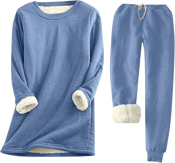 Tracksuits For Women Set Plus Size Warm Sherpa Lined Fleece Crewneck Sweatpant Sweatsuit Sets Pullover Loungewear