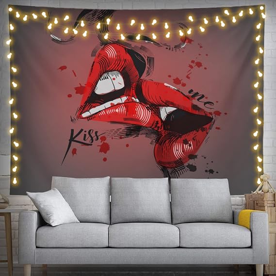 feelacle Sexy Kissing Lover Tapestry 60" X 40" Red Lips Wall Hanging Party Decorations Home Decor For Bedroom Living Room Dorm (150 X 100cm)