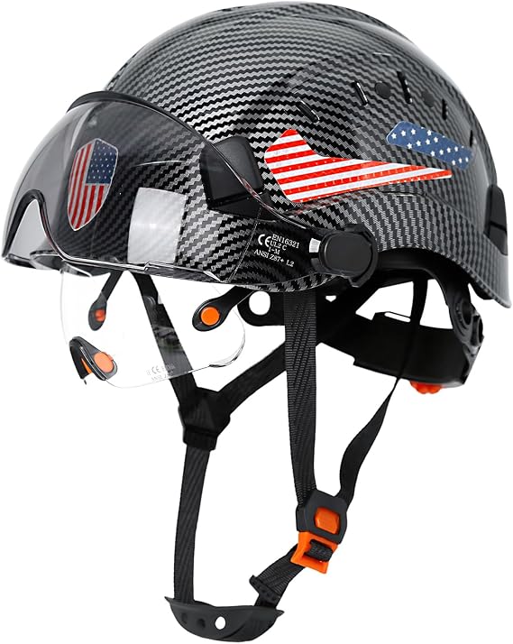 OSHA Approved Construction Hard Hat with Dual Visor - Vented Hard Hats with Visor Sun Glasses, ANSI Z89.1 Type 1 Class C Chainsaw/Arborist Safety Helmet