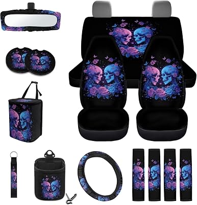 Skull Car Seat Cover Split Covers Rose Butterfly Print Auto Seat Belt Cover Non Slip Steering Wheel Cover Keychain Trash Bin Bag Universal Fit for Cars SUVs Sedans, Black
