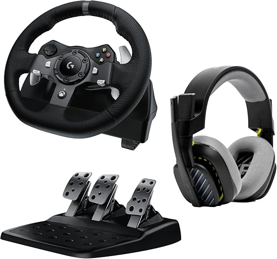 Logitech G G920 Driving Force Racing Wheel and Floor Pedals + A10 Gaming Headset Gen 2 Wired Headset - Over-ear gaming headphones with flip-to-mute microphone, Xbox Series X|S, Xbox, PC, Mac - Black