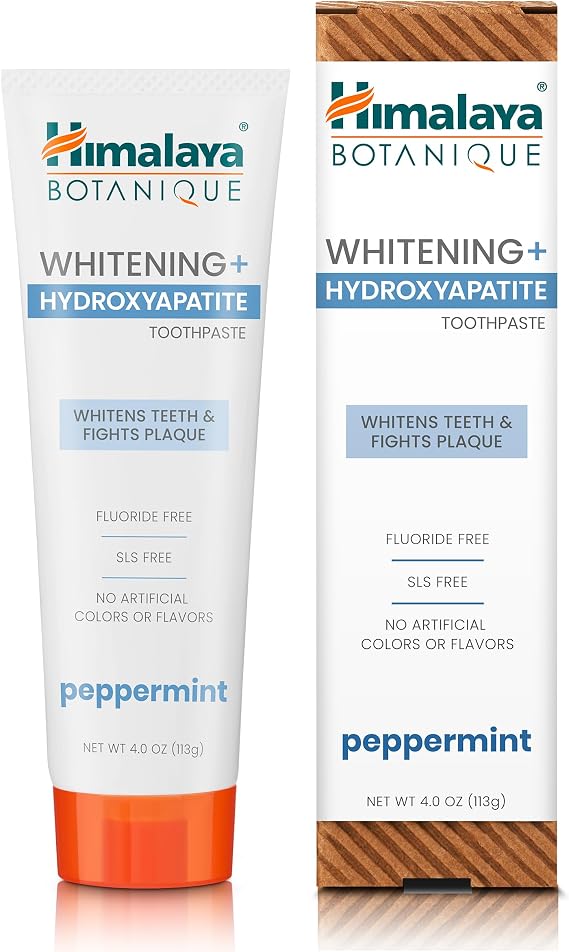 Himalaya Botanique Whitening+ Hydroxyapatite Toothpaste, Hydroxyapatite (HA), Peppermint Flavour, Fluoride-Free, Enamel Remineralisation from Day 7, Vegan, Gluten-Free, 113g