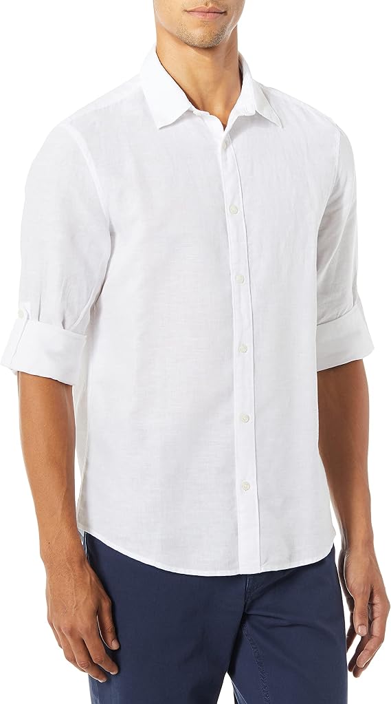 Perry Ellis Men's Rolled Sleeve Solid Linen Cotton Shirt