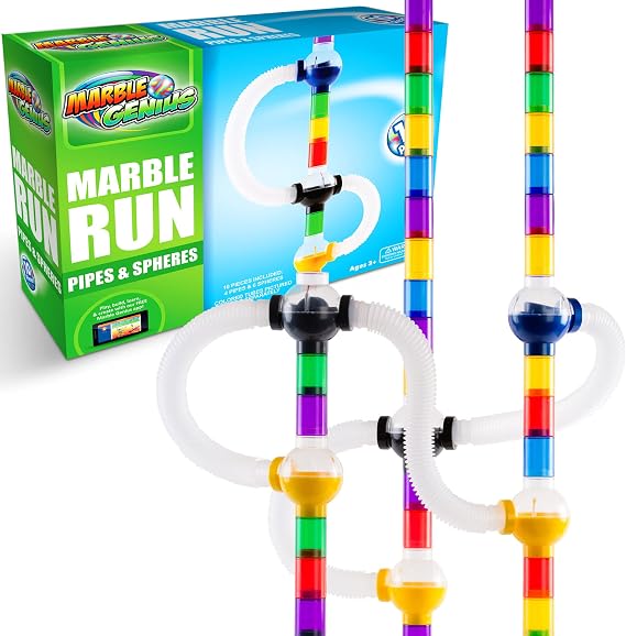 Marble Genius Marble Run Pipe & Sphere Accessory Add-on Set - 10 Pcs Total (4 Pipes, a Ramp, 5 Spheres), Alternating, Straight, Tubes for Creating Exciting Mazes, Tracks, Runs, and Races