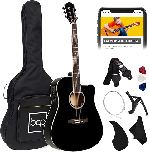 Best Choice Products Beginner Acoustic Electric Guitar Starter Set 41in w/All Wood Cutaway Design, Carrying Case, Strap, Picks, Cable - Black