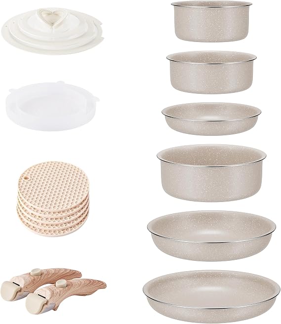 RIOVARM Induction Pots and Pans Set with Removable Handles, Non-Stick Granite Stackable Cookware Set with Silicone Lids, Space-Saving Pot & Pan Sets without PFOA, Frying Pan, Casseroles
