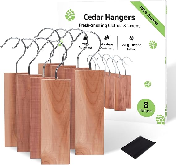 Cedarwood Moth Repellent for Wardrobes Pack of 8 Cedar Wood Hanging Blocks | 100% Natural Cedar Wood Moth Hangers for Clothes Protection | UK Moths Deterrent & Killer for Drawers with Sandpaper
