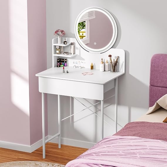 Makeup Vanity Desk with LED Lighted Mirror,Vanity Table with 1 Drawer and 2 Opening Shelves,Bedroom Dressing Table with Adjustable 3 Modes Brightness,Vanity Table Set for Women White